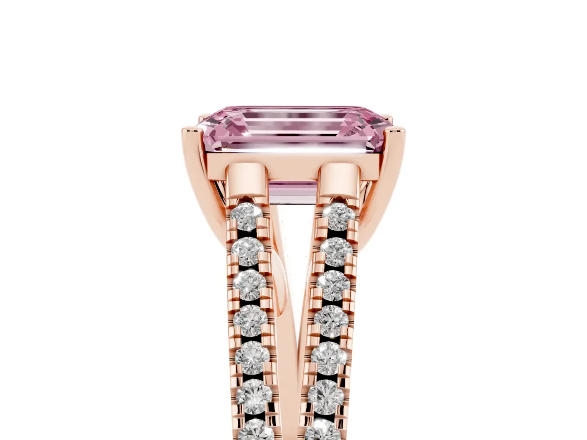 Fancy Pink Emerald Cut Diamond Solitaire Engagement Ring with Split Shank Pavé Band Rose gold
