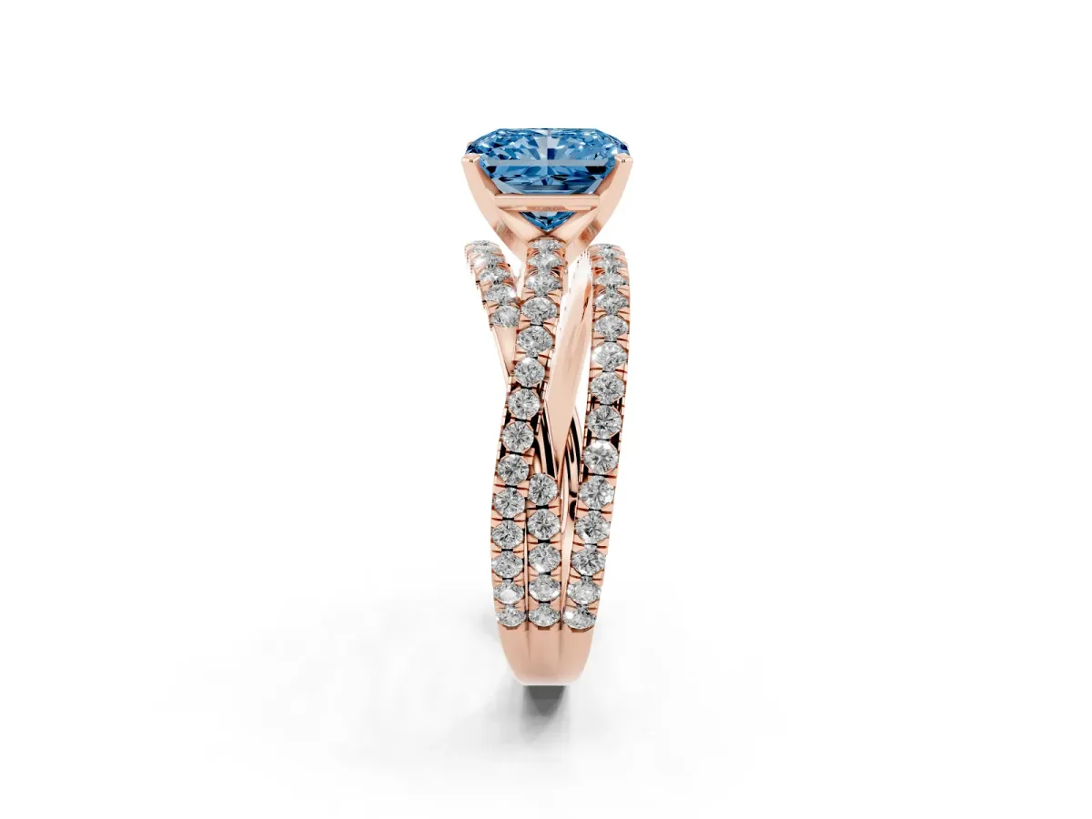Fancy Blue Radiant Cut Solitaire Twist Band with Pavé Setting and Four-Prong Setting Rose gold