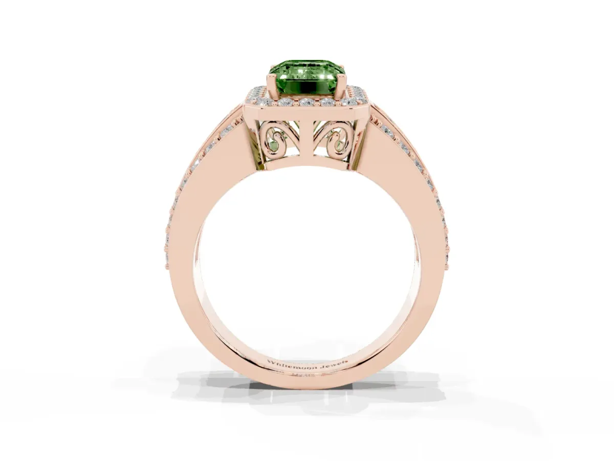 Fancy Green Emerald Cut Halo Diamond Ring with Round Split Shank and Prong Setting Rose gold