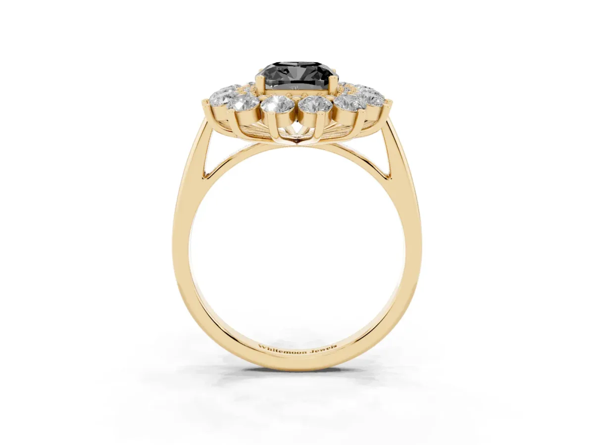Fancy Black Cushion Cut Diamond Floral Double Halo Engagement Ring with Prong Setting Yellow gold