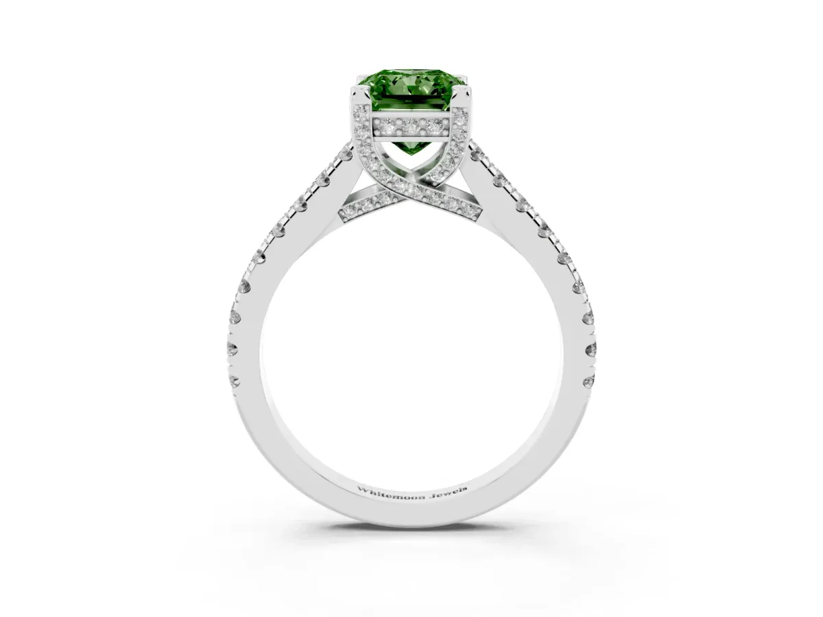Fancy Green Radiant Cut Brilliant Diamond Solitaire with Pavé Band and Four-Prong Setting White gold