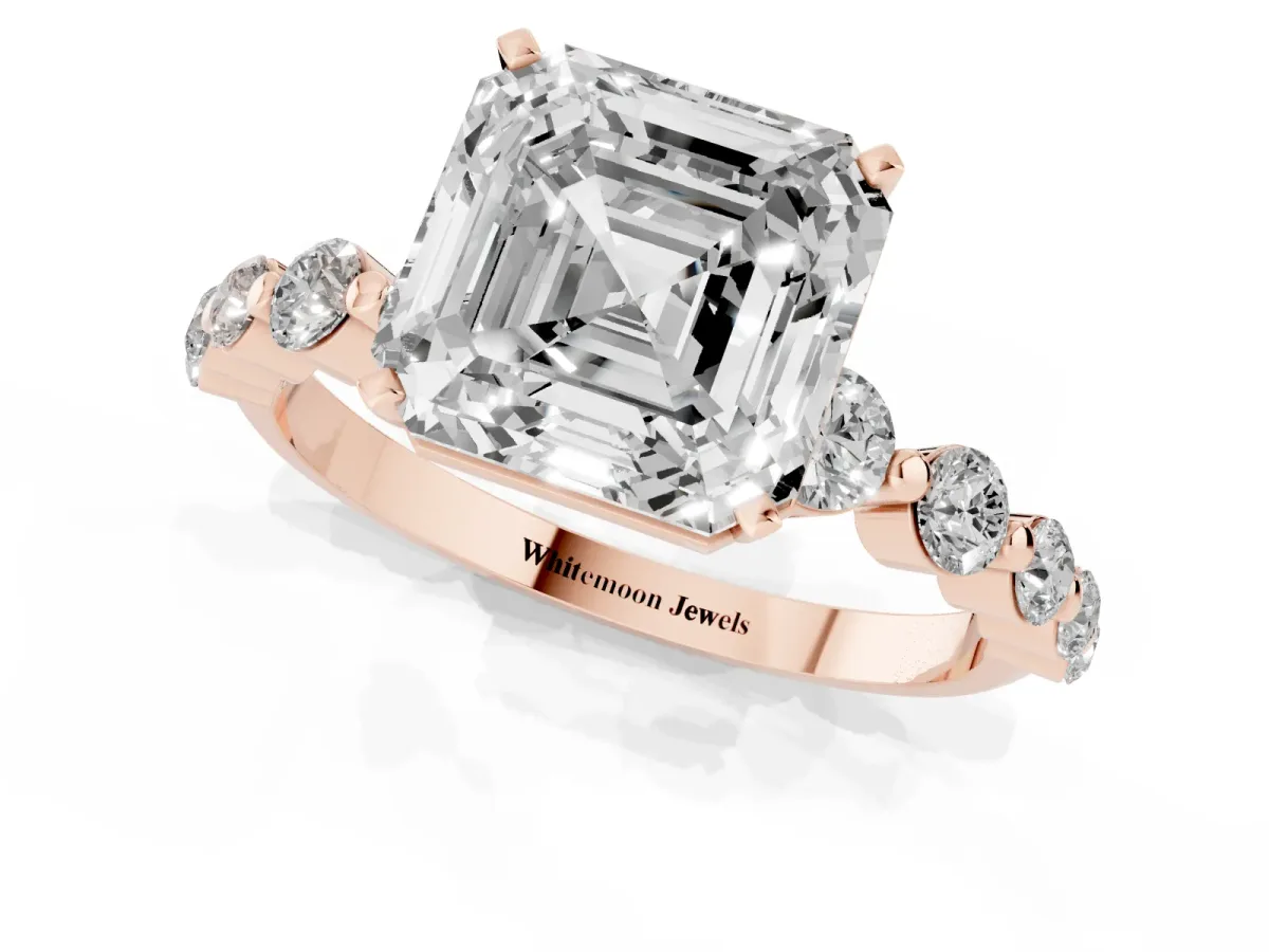 Asscher Cut Solitaire Diamond Ring with Pave Band and Four-Prong Setting Rose gold