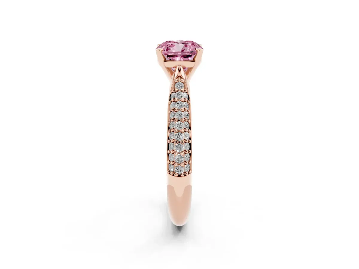Fancy Pink Cushion Cut Diamond Solitaire Engagement Ring with Multi-Row Round Pavé Band and Prong Setting Rose gold