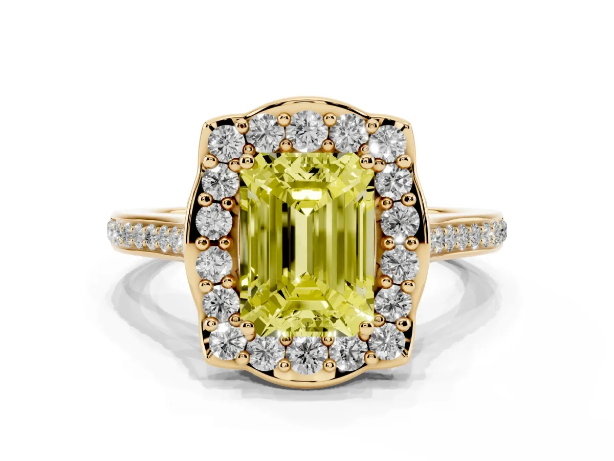 Fancy Yellow Emerald Cut Halo Round Diamond Pave Band with Four-Prong Setting Yellow gold