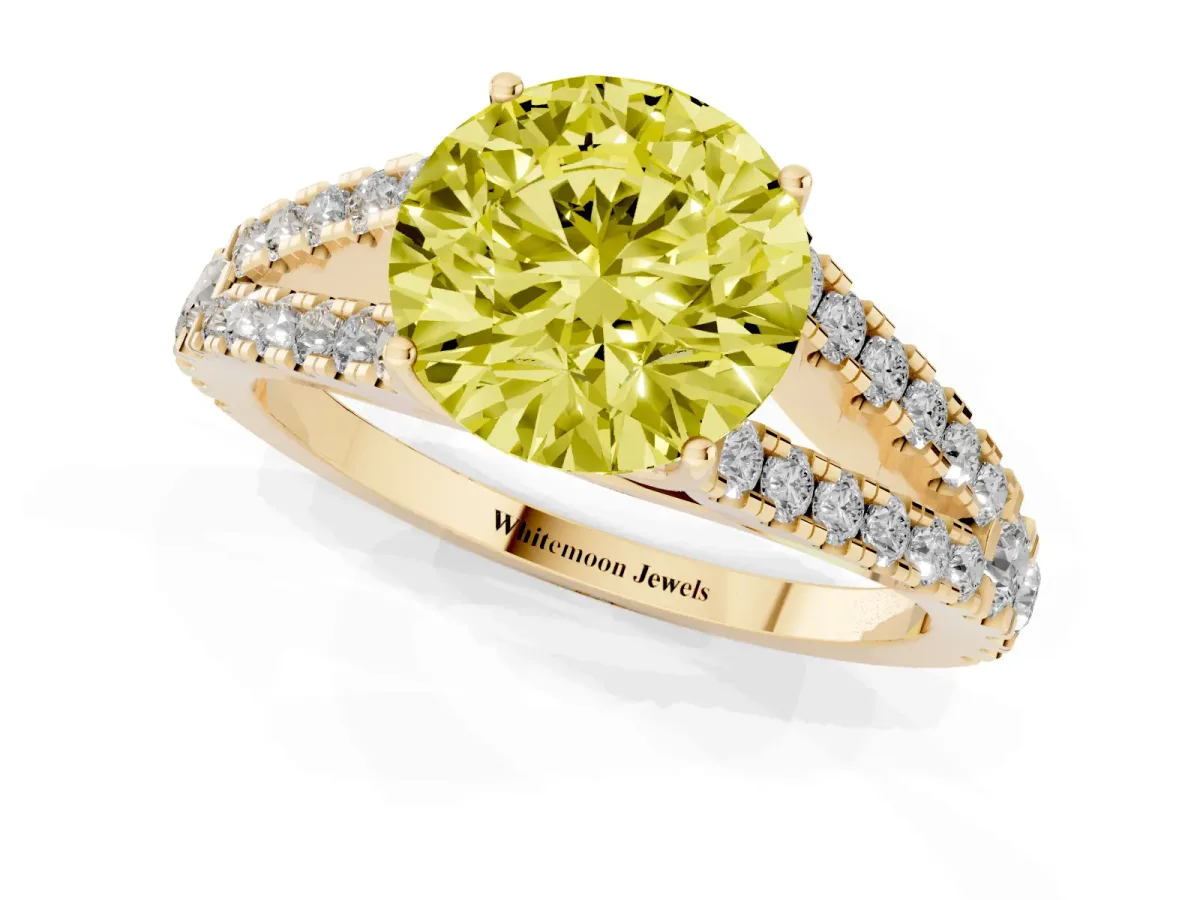 Fancy Yellow Round Cut Diamond Split Shank Engagement Ring with Round Pavé and Prong Setting Yellow gold