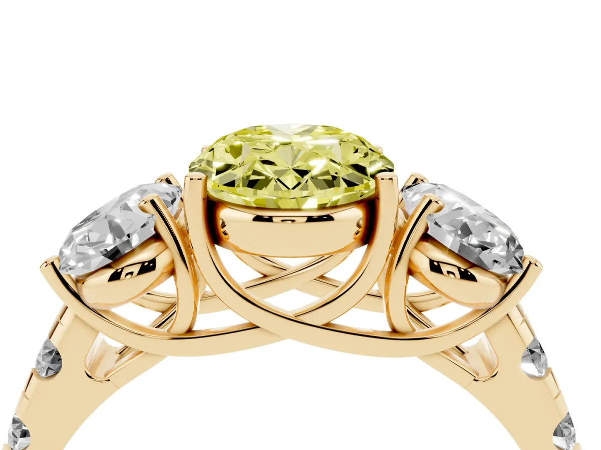 Fancy Yellow Three-Stone Oval Cut Diamond Pavé Band with Prong Setting Yellow gold