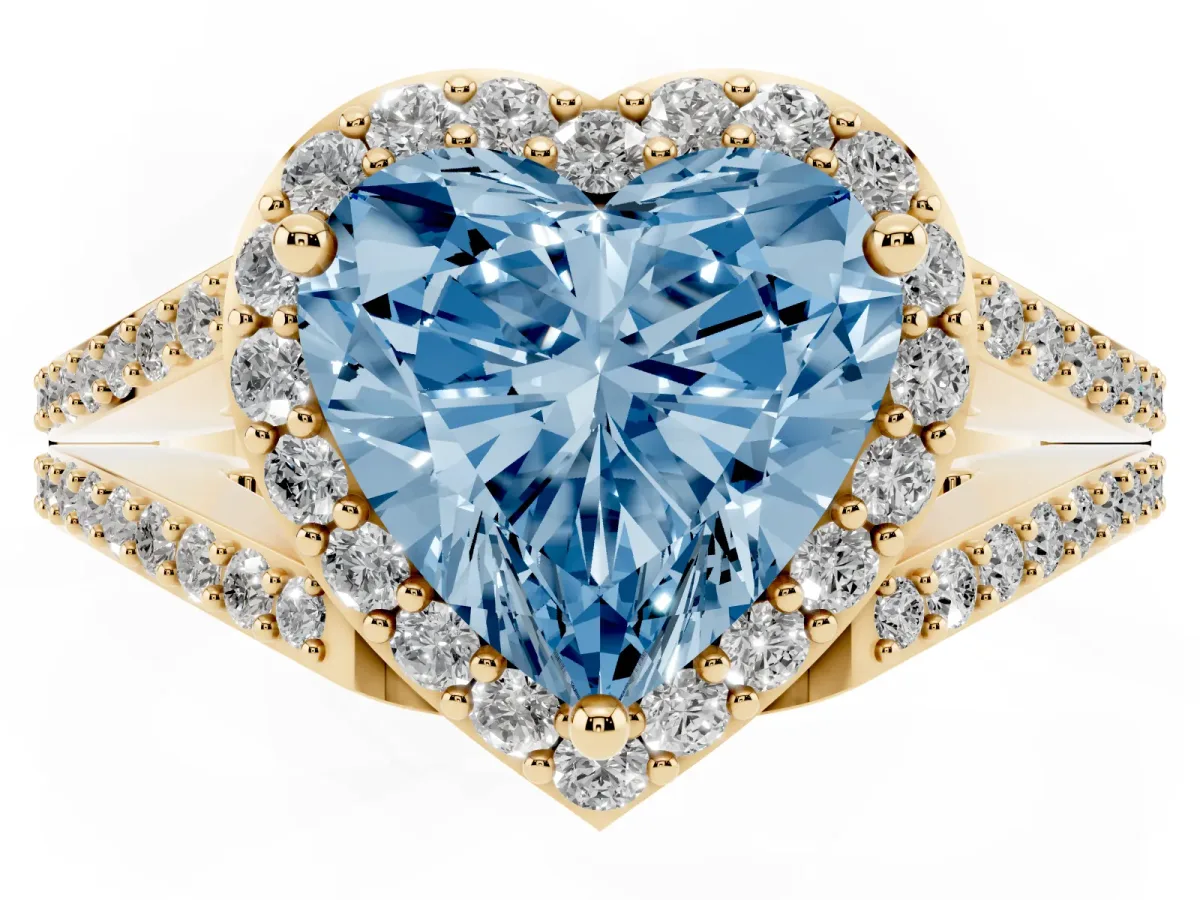Fancy Blue Heart Cut Halo Split Shank Pave Diamond Ring with Four-Prong Setting Yellow gold