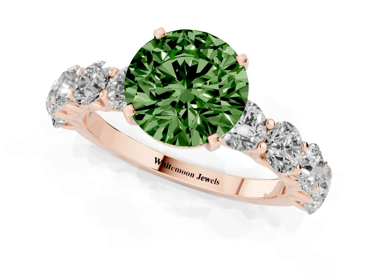 Fancy Green Round Cut Diamond Prong Setting with Side Stones on a Pave Band Rose gold