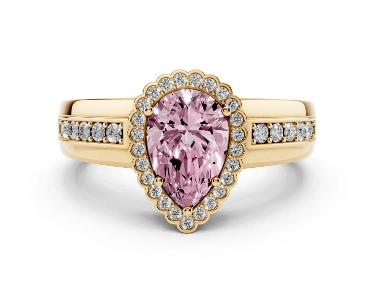 Fancy Pink Pear Cut Cut Halo Pave Band Four-Prong Ring Yellow gold