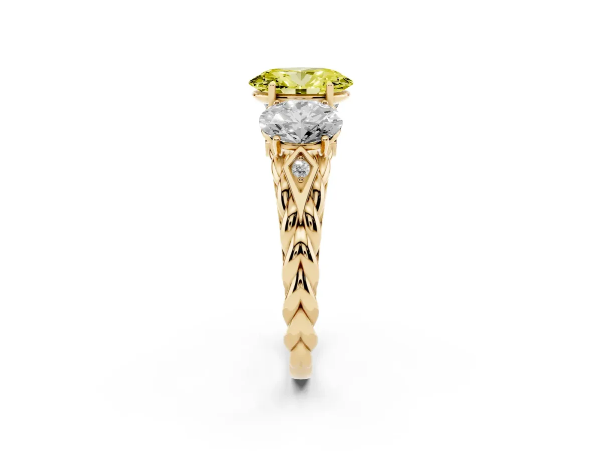 Fancy Yellow Three-Stone Oval Cut Diamond Braided Band Ring with Four-Prong Setting Yellow gold