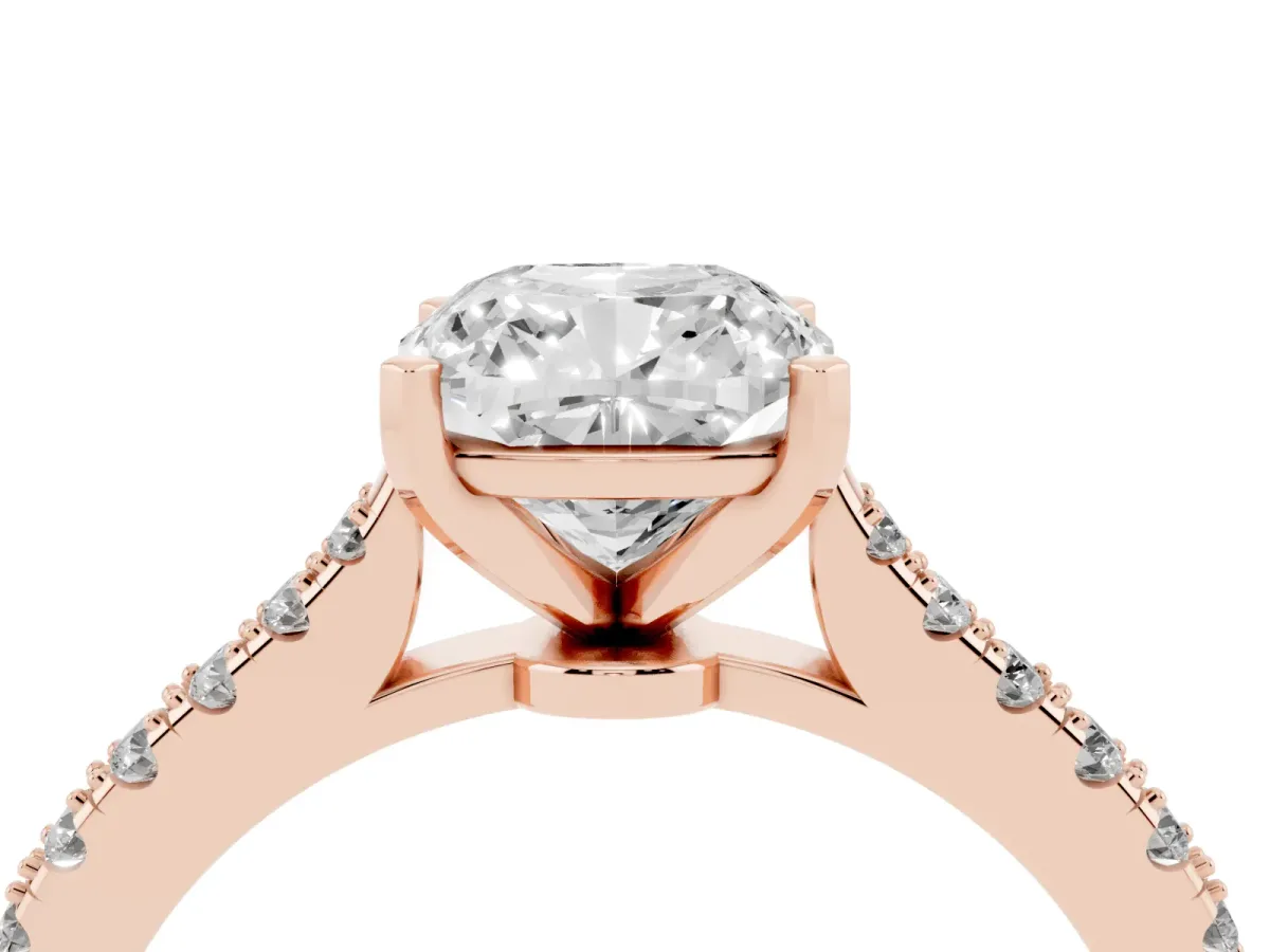 Cushion Cut Cut Solitaire Diamond Engagement Ring with Pave Band and Four-Prong Setting Rose gold