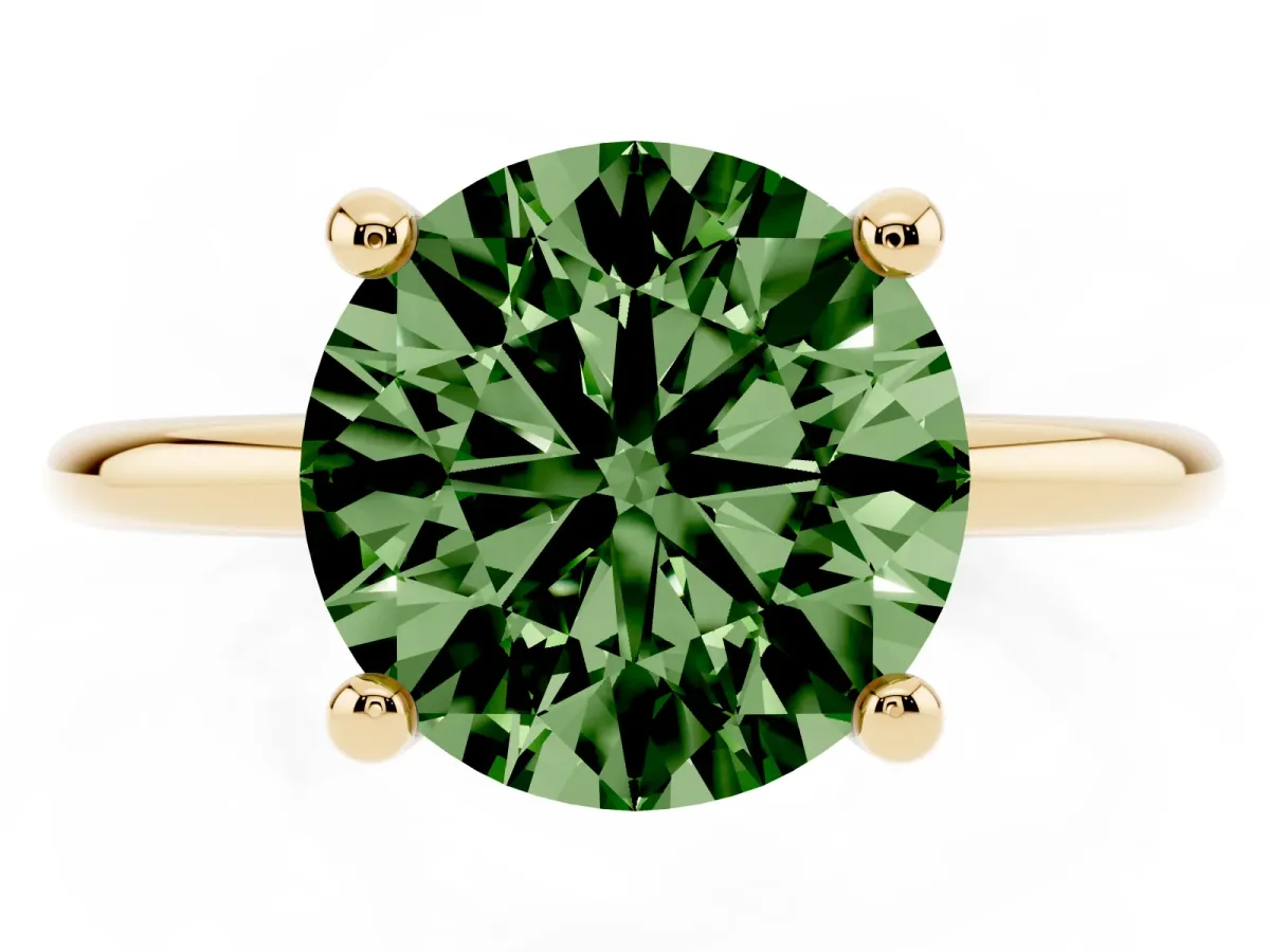 Fancy Green Round Cut Solitaire Diamond Ring with 4-Prong Setting on a Classic Band Yellow gold
