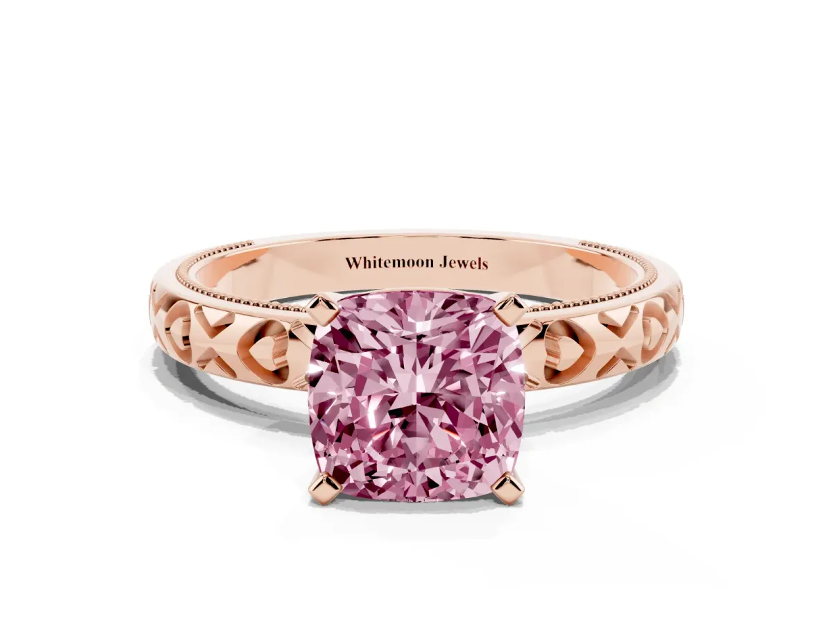 Fancy Pink Cushion Cut Solitaire Diamond Engagement Ring with XO Engraved Band and Four-Prong Setting Rose gold