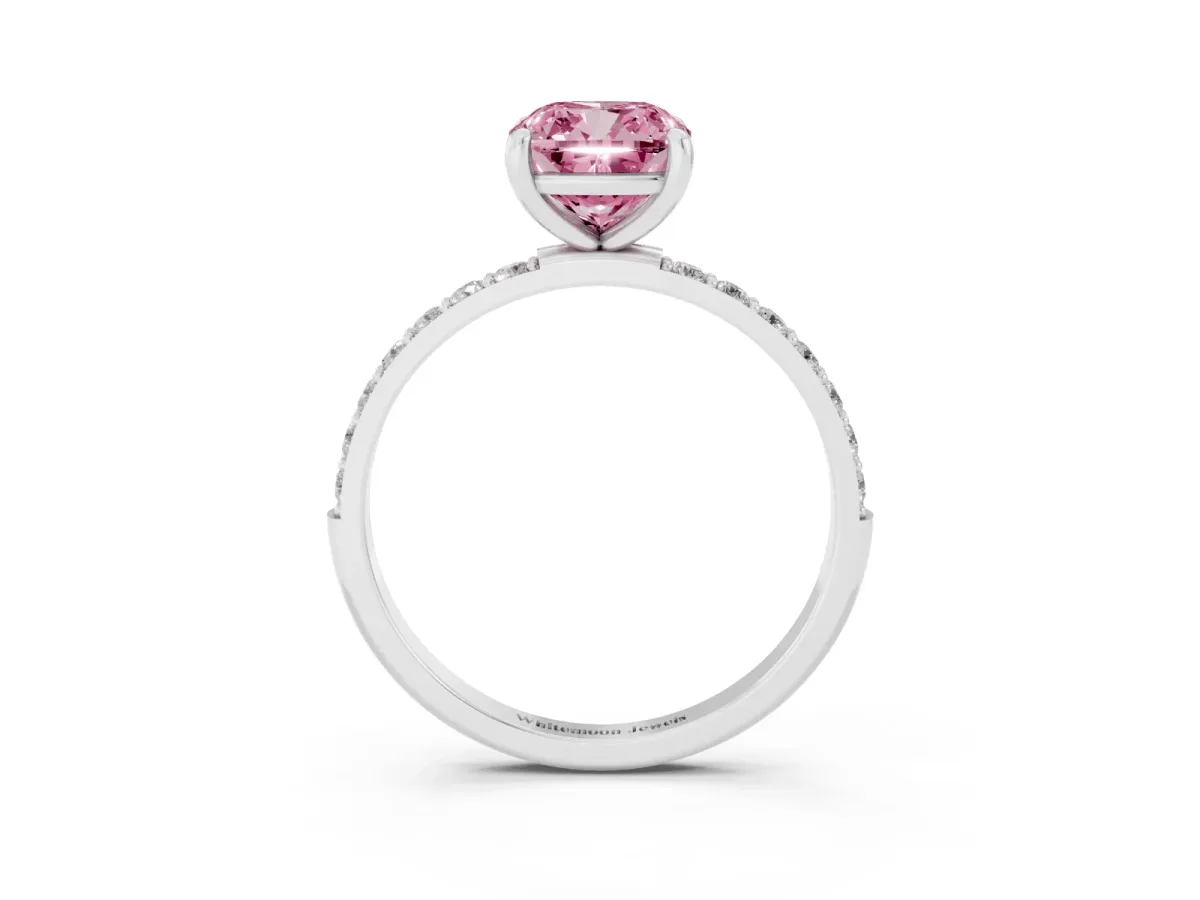 Fancy Pink Cushion Cut Diamond Solitaire Ring with Round Pavé Band and Prong Setting Silver