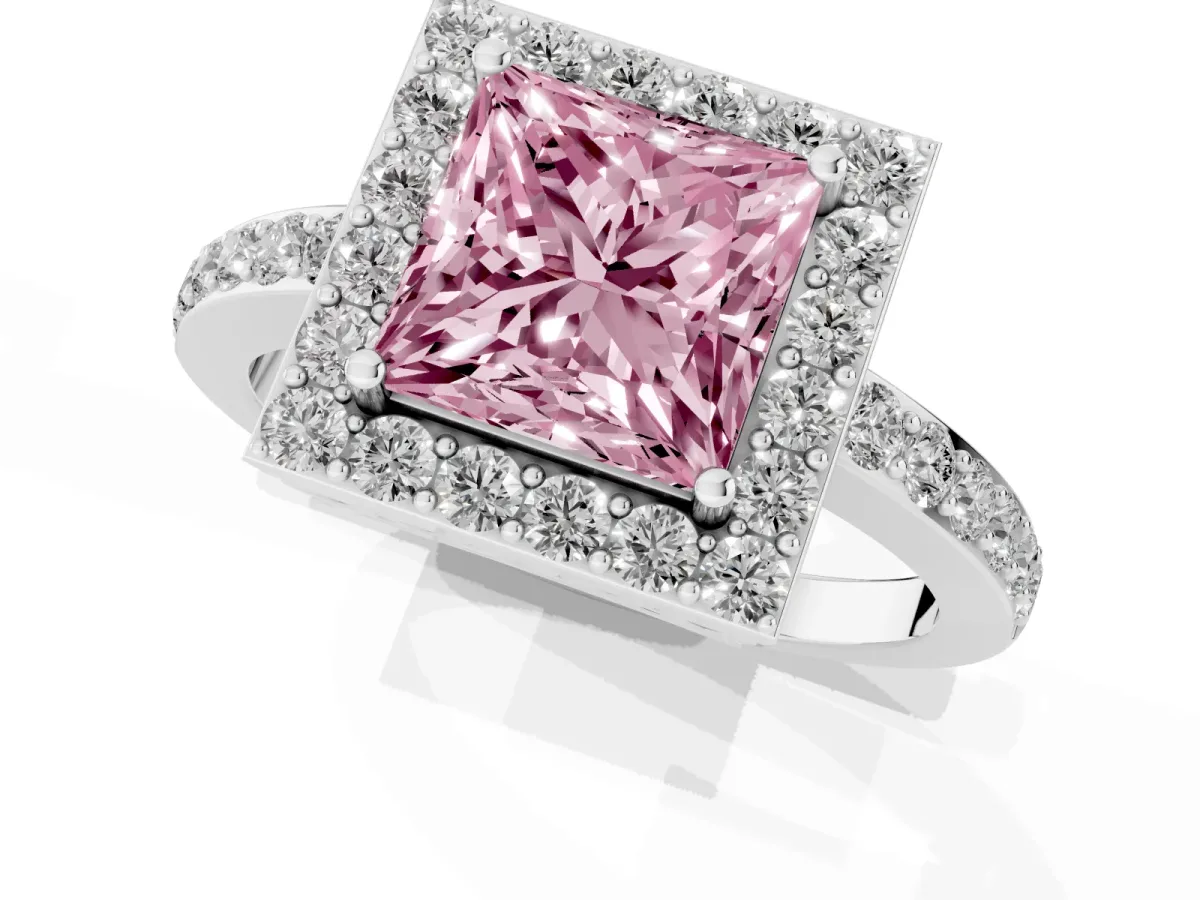 Fancy Pink Princess Cut Halo Diamond Pavé Band Ring with Prong Setting Silver