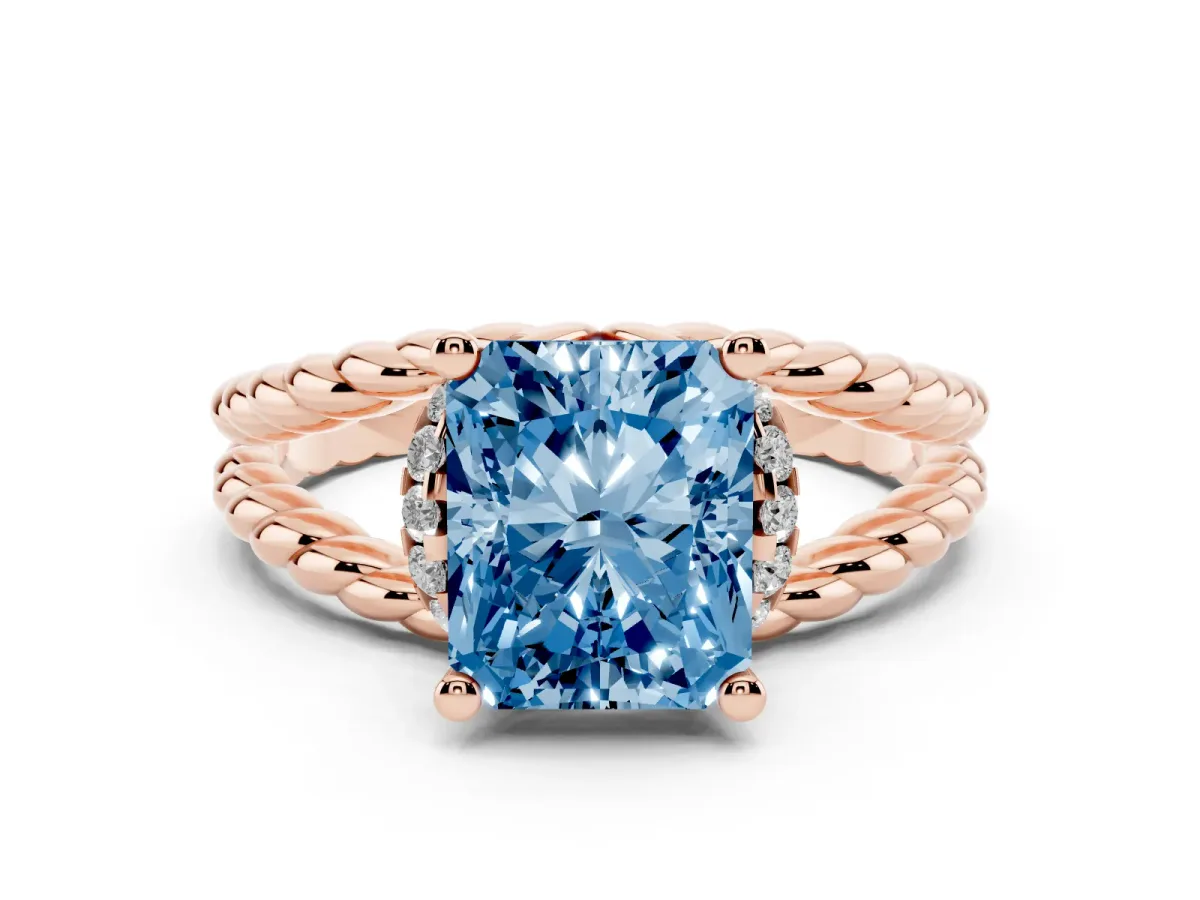 Fancy Blue Radiant Cut Halo Twisted Band Four-Prong Ring Rose gold