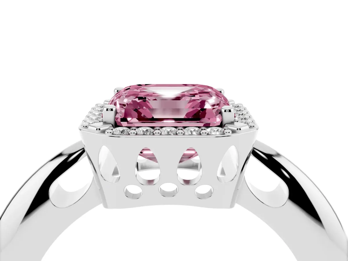 Fancy Pink Asscher Cut Cut Diamond Halo Engagement Ring with Split Shank and Four-Prong Setting Silver