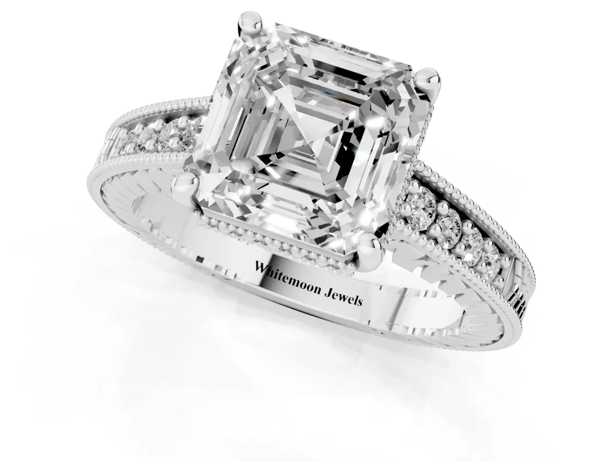 Asscher Cut Solitaire Pavé Diamond Milgrain Engagement Ring with Four-Prong Setting Silver