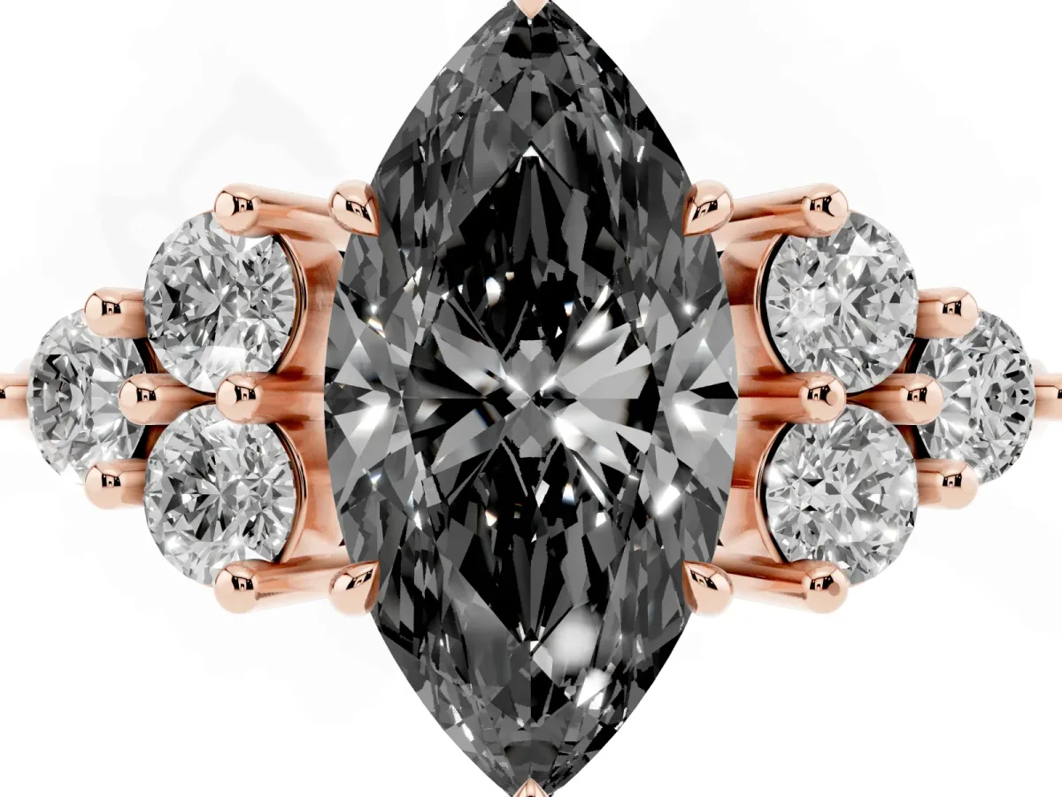 Fancy Black Marquise Cut Brilliant Diamond Cluster Accent Solitaire Ring with Prong Setting Rose gold