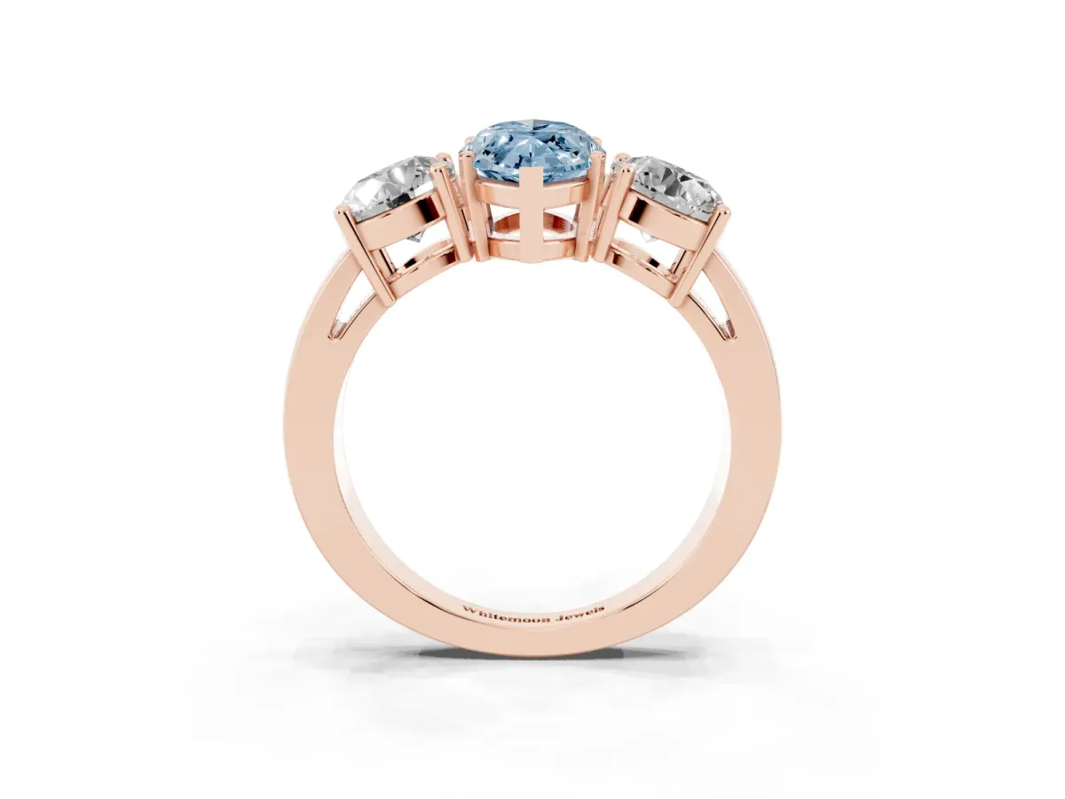 Fancy Blue Three-Stone Marquise Cut Diamond Ring with Round Side Stones, Classic Band, and Four-Prong Setting Rose gold