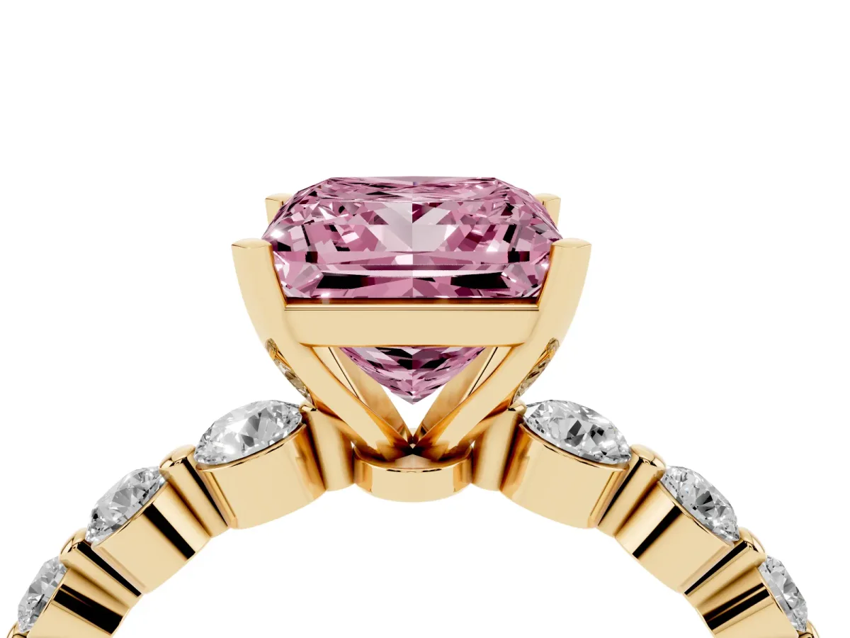 Fancy Pink Princess Cut Solitaire Diamond Ring with Pave Band and Four-Prong Setting Yellow gold