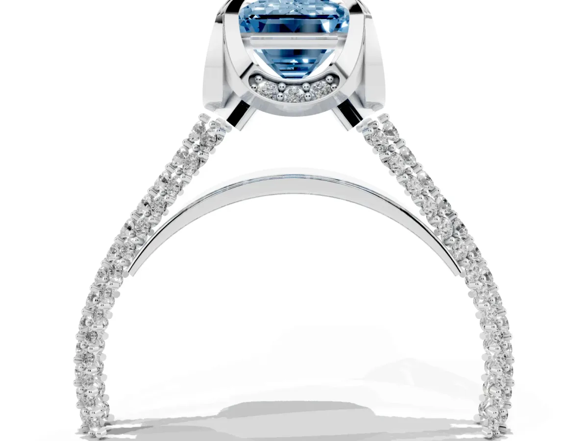 Fancy Blue Emerald Cut Solitaire Pave Split Shank Ring with Four-Prong Setting Platinum