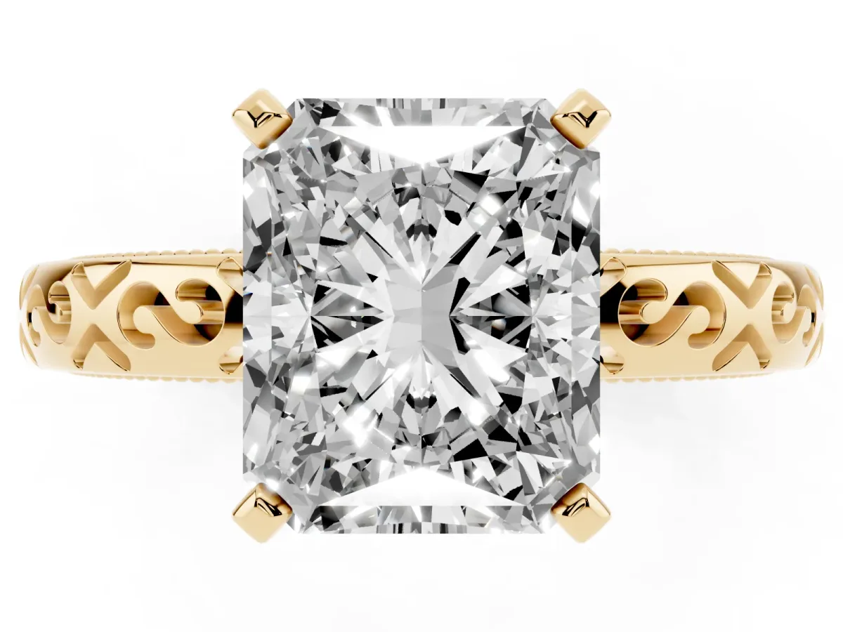 Radiant Cut Solitaire Engagement Ring with Scrollwork Band and Four-Prong Setting Yellow gold