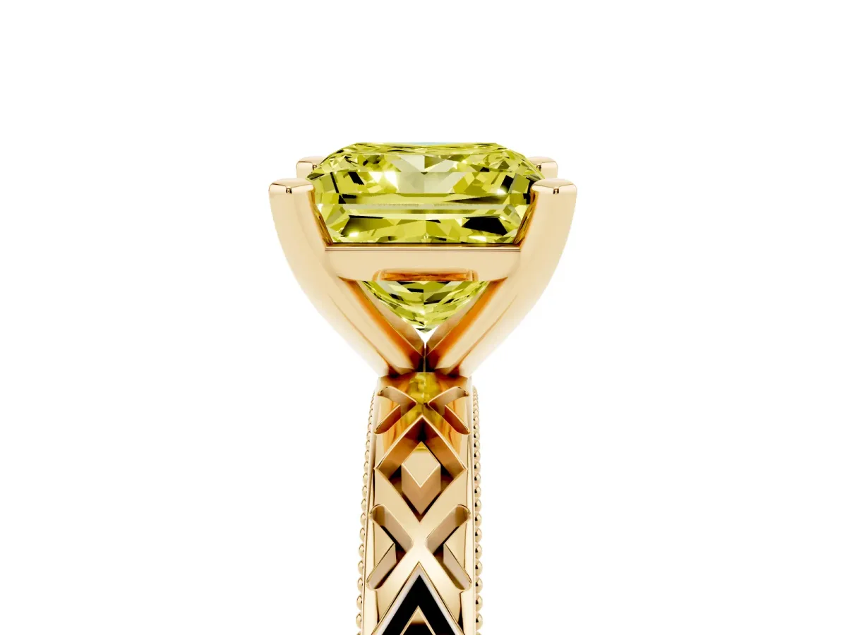 Fancy Yellow Princess Cut Solitaire Diamond Ring with Milgrain and Black Enamel X Pattern Band Yellow gold