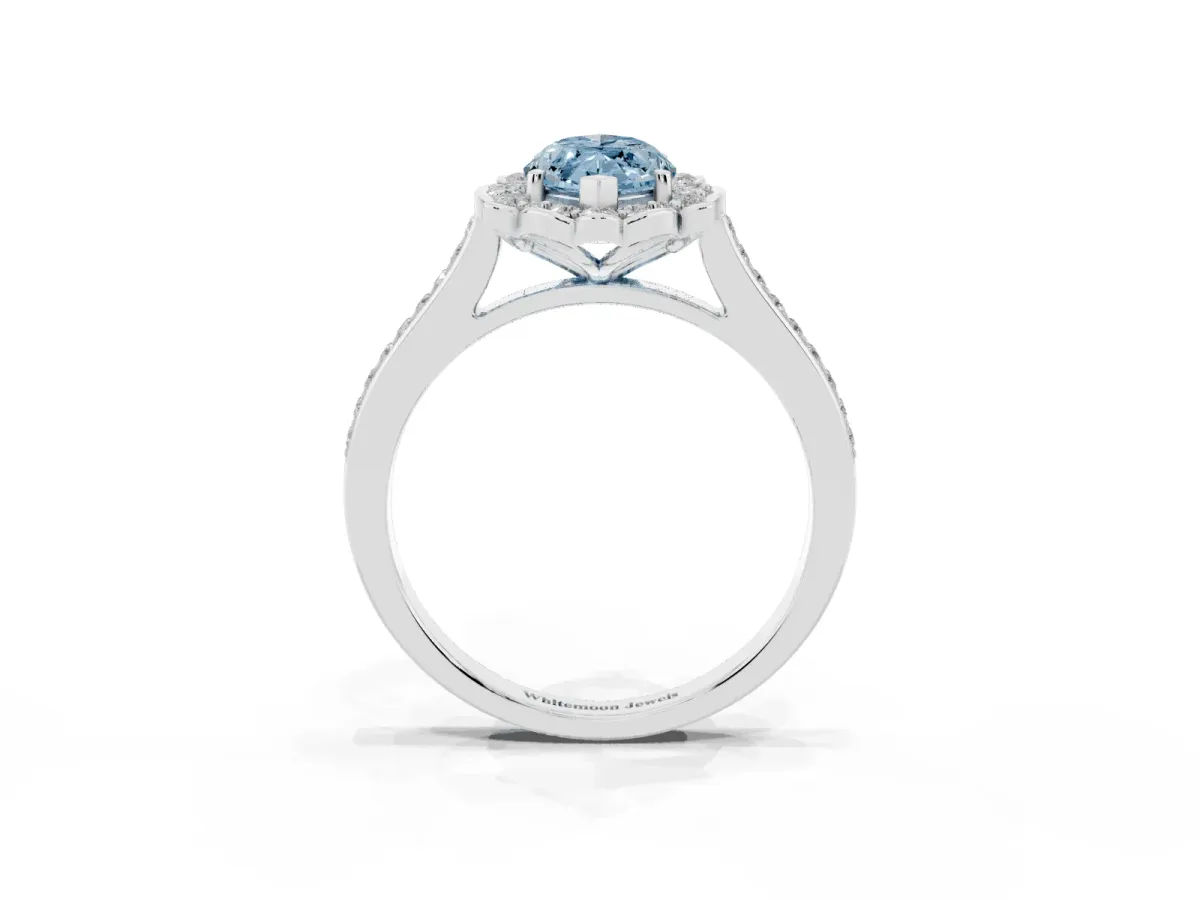 Fancy Blue Marquise Cut Halo Round Diamond Pave Band with Four-Prong Setting White gold