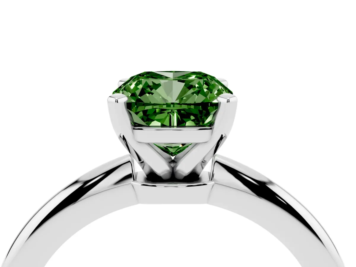 Fancy Green Cushion Cut Diamond Solitaire Ring with Prong Setting and Classic Band Silver