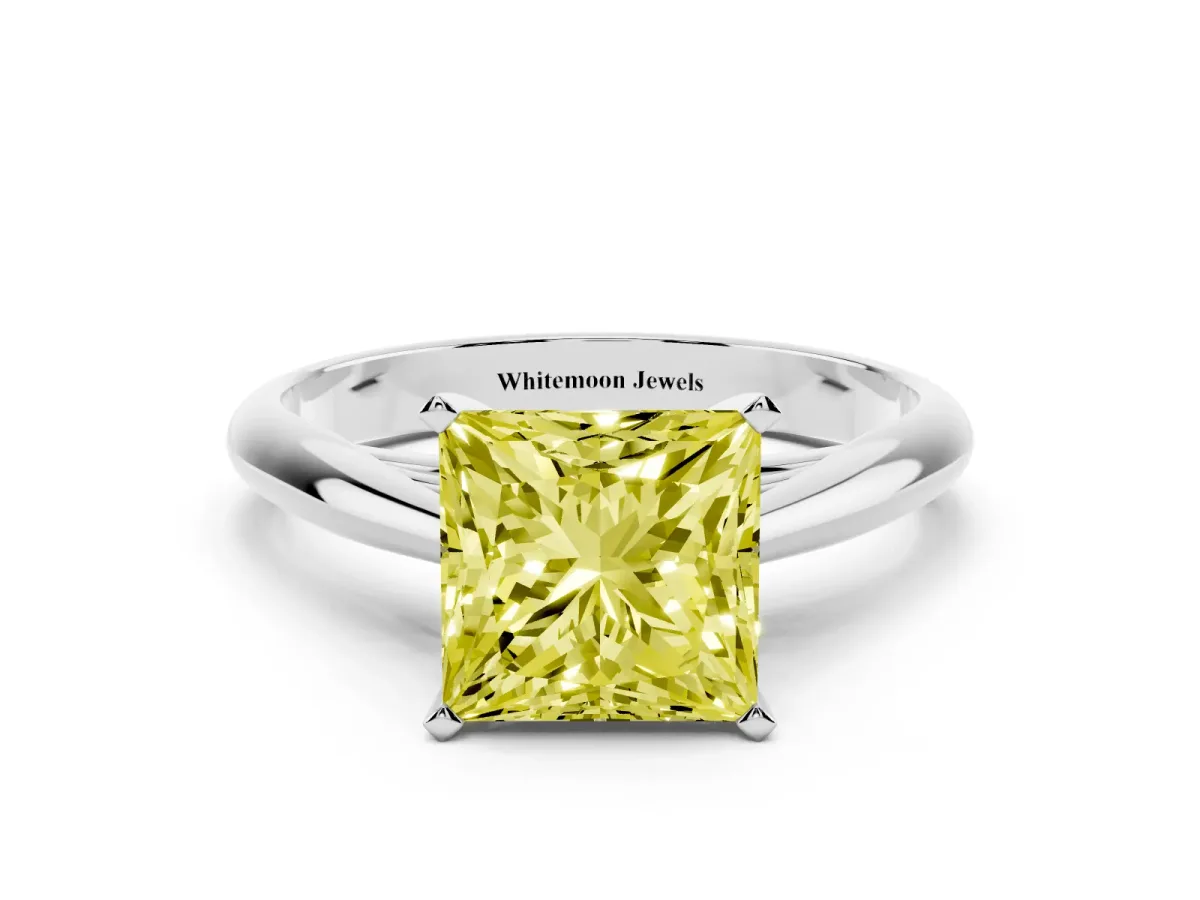 Fancy Yellow Princess Cut Diamond Solitaire Engagement Ring with Cathedral Setting and Four-Prong Mount Silver