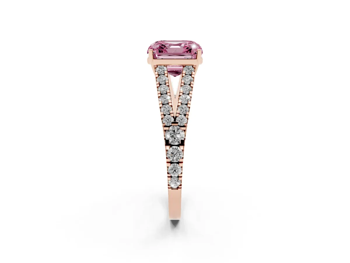 Fancy Pink Asscher Cut Diamond Split Shank Engagement Ring with Round Pavé and Prong Setting Rose gold