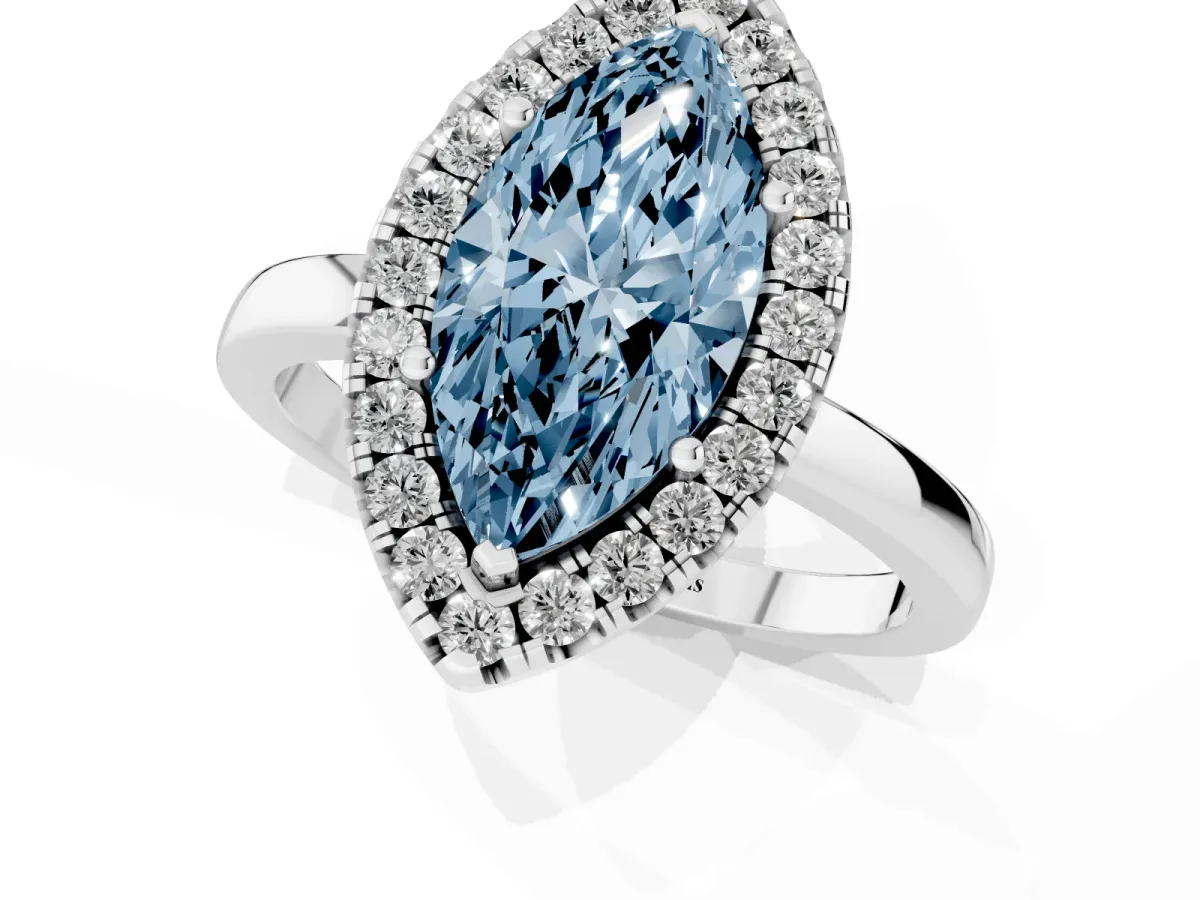 Fancy Blue Marquise Cut Halo Diamond Solitaire with Pavé Band and Four-Prong Setting White gold