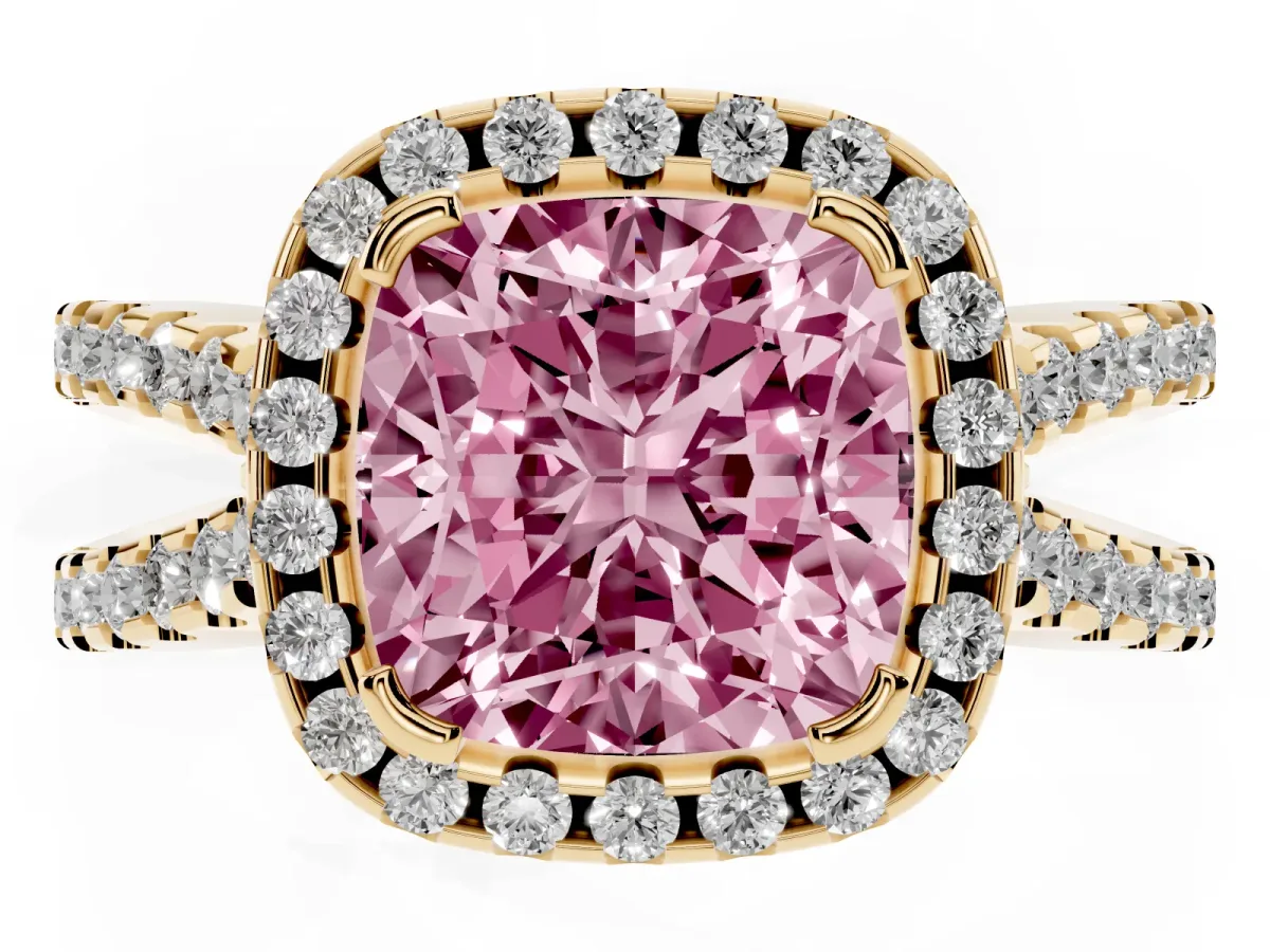 Fancy Pink Cushion Cut Diamond Halo Ring with Split Shank Pavé Band and Prong Setting Yellow gold
