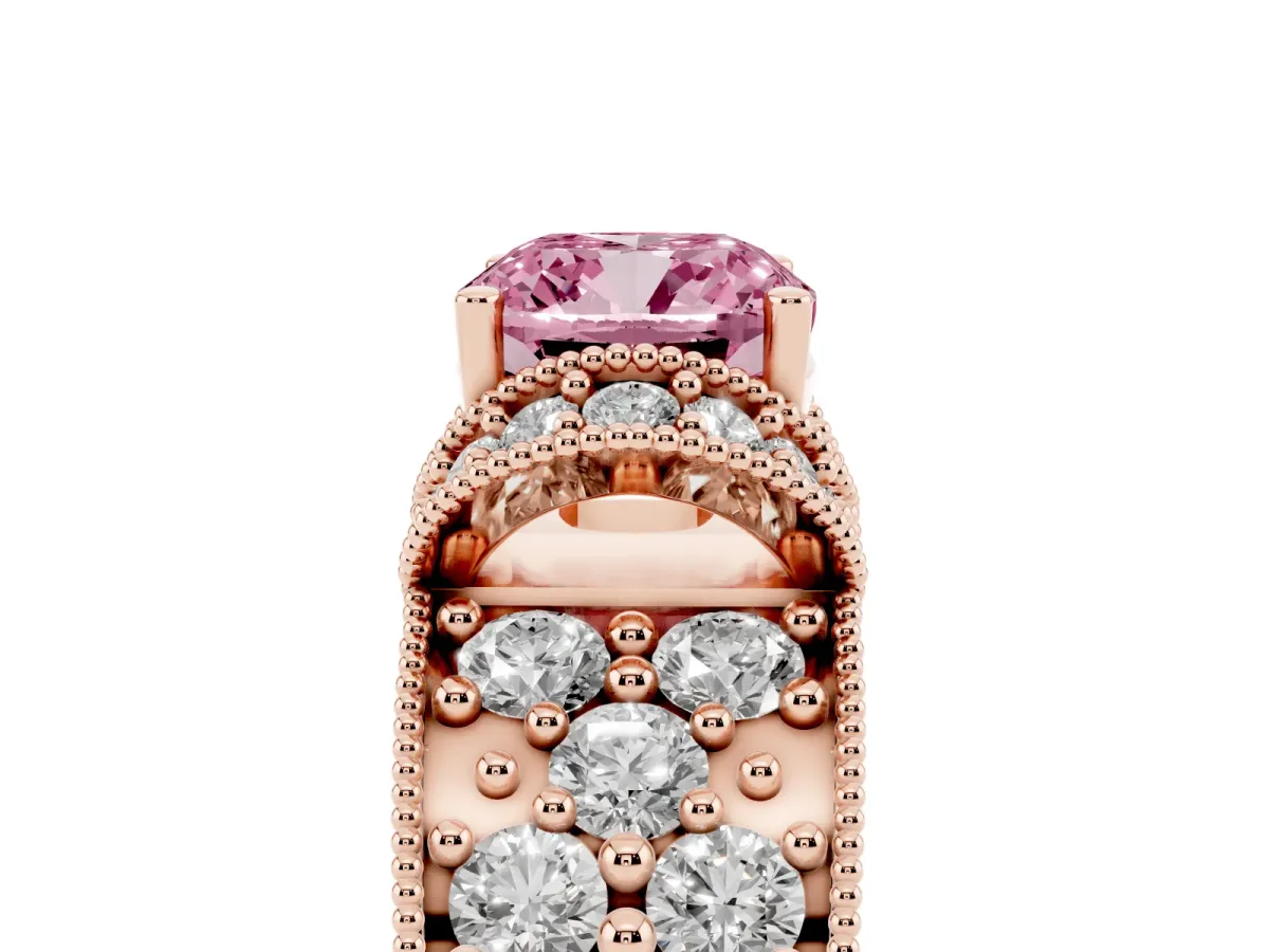 Fancy Pink Cushion Cut Halo Pave Diamond Engagement Ring with Milgrain Detailing Rose gold