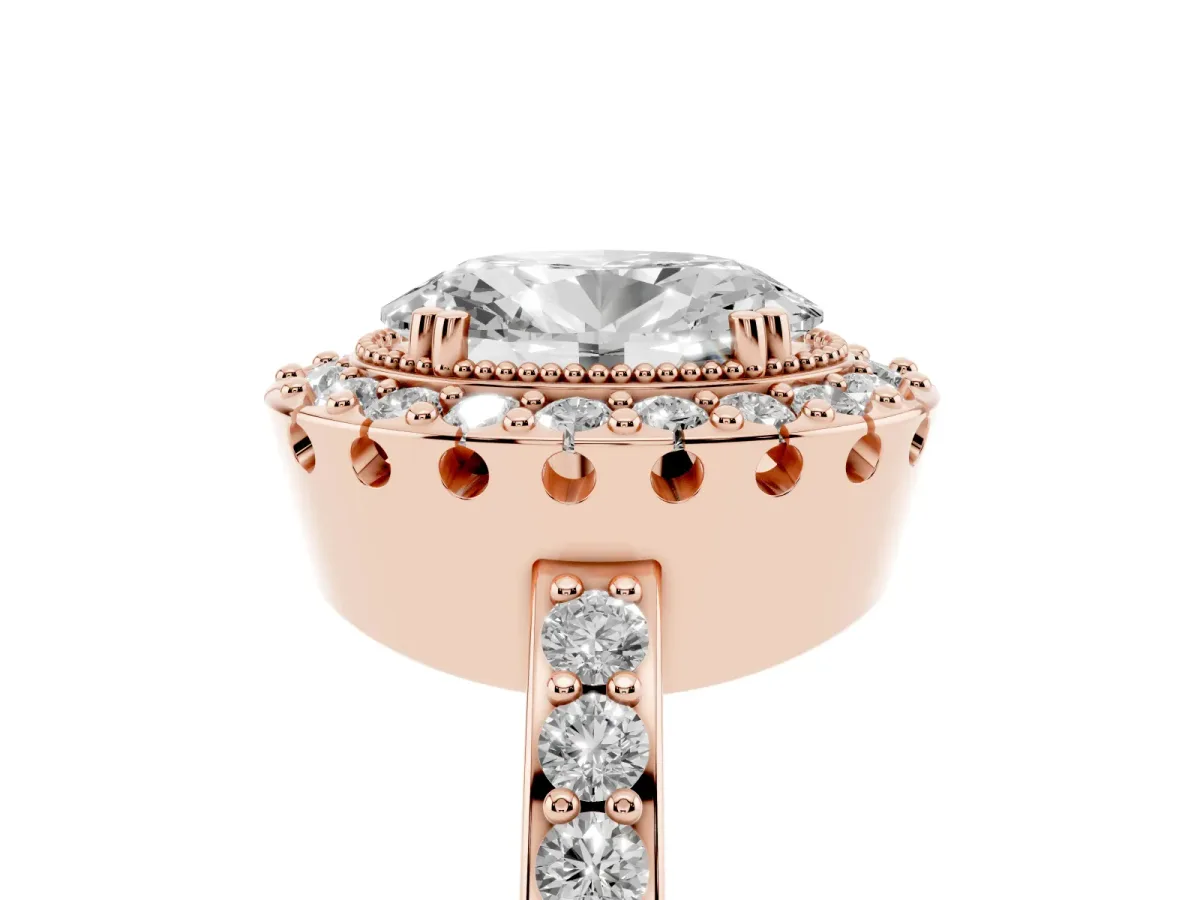 Oval Cut Diamond Halo Ring with Pavé Band and Prong Setting Rose gold