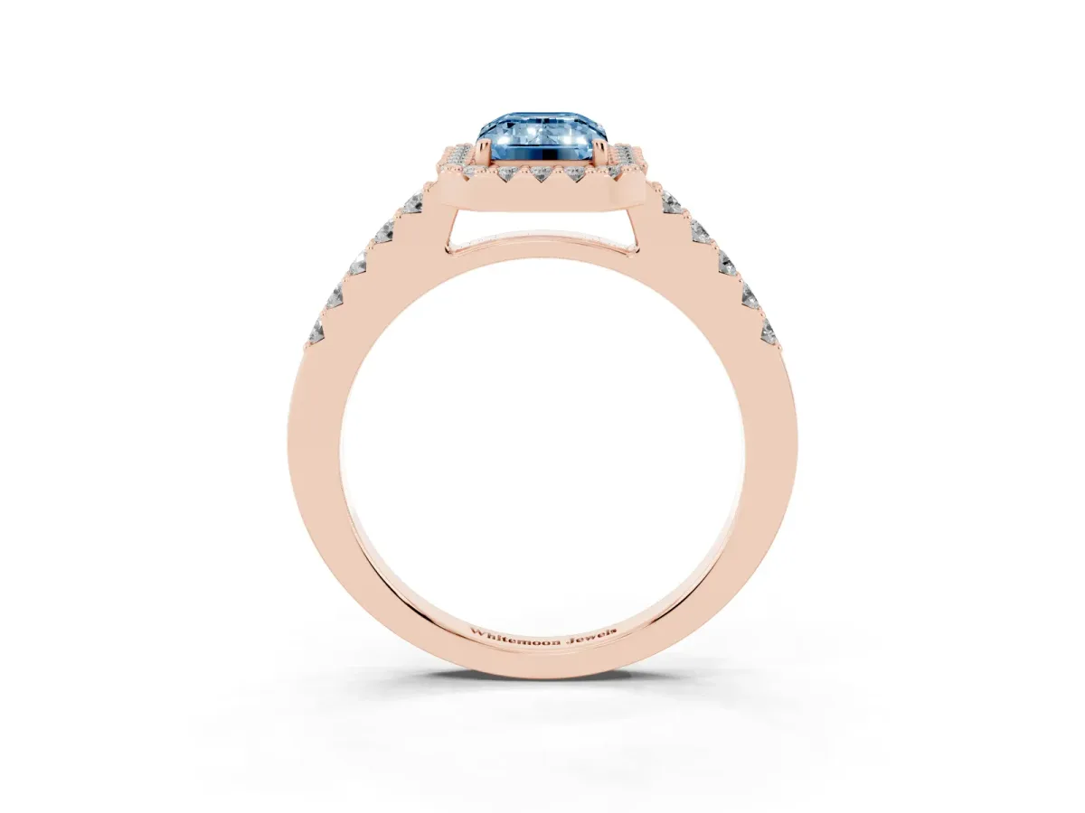 Fancy Blue Emerald Cut Halo Diamond Pavé Solitaire Ring Rose gold