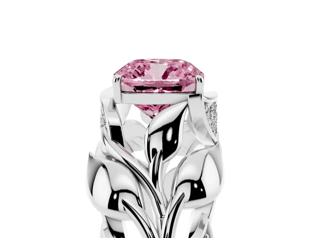 Fancy Pink Cushion Cut Diamond Leaf-Inspired Engagement Ring with Round Accents and Prong Setting Platinum