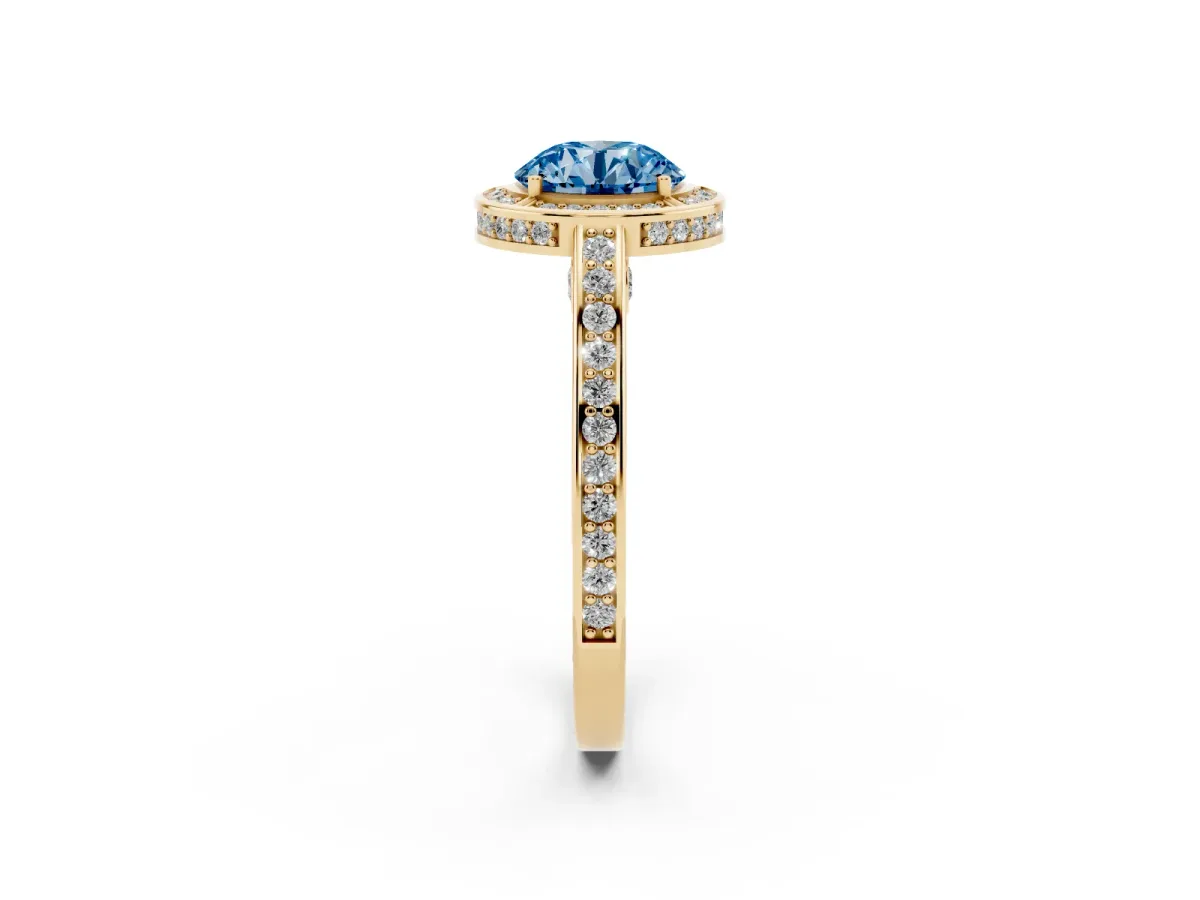 Fancy Blue Round Cut Cut Halo Pave Split Shank Prong Setting Ring Yellow gold