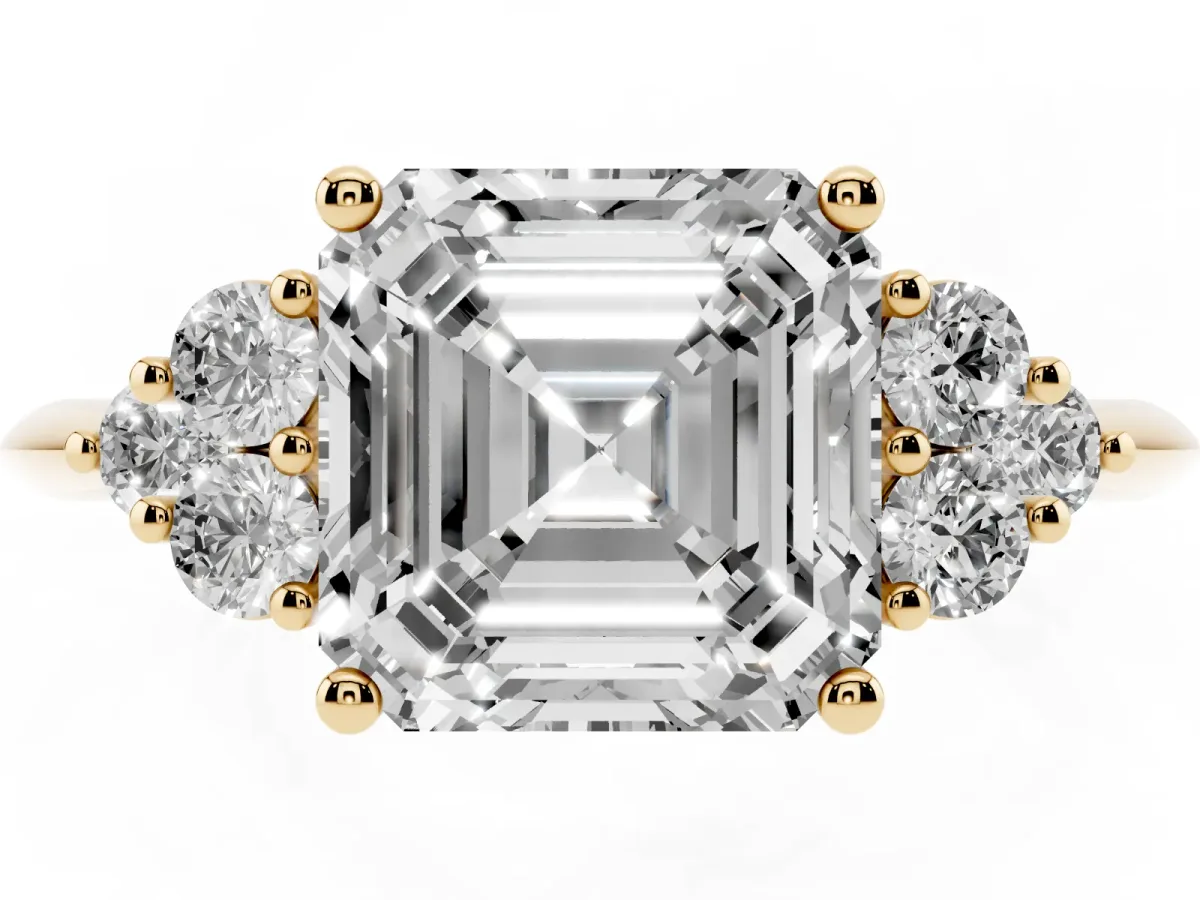 Asscher Cut Cut Diamond Cluster Ring with Solitaire Band and Four-Prong Setting Yellow gold