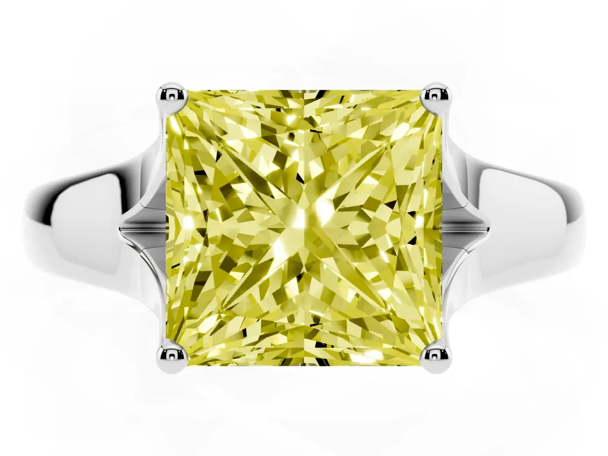 Fancy Yellow Princess Cut Solitaire Diamond Ring with Cathedral Band and Four-Prong Setting Silver