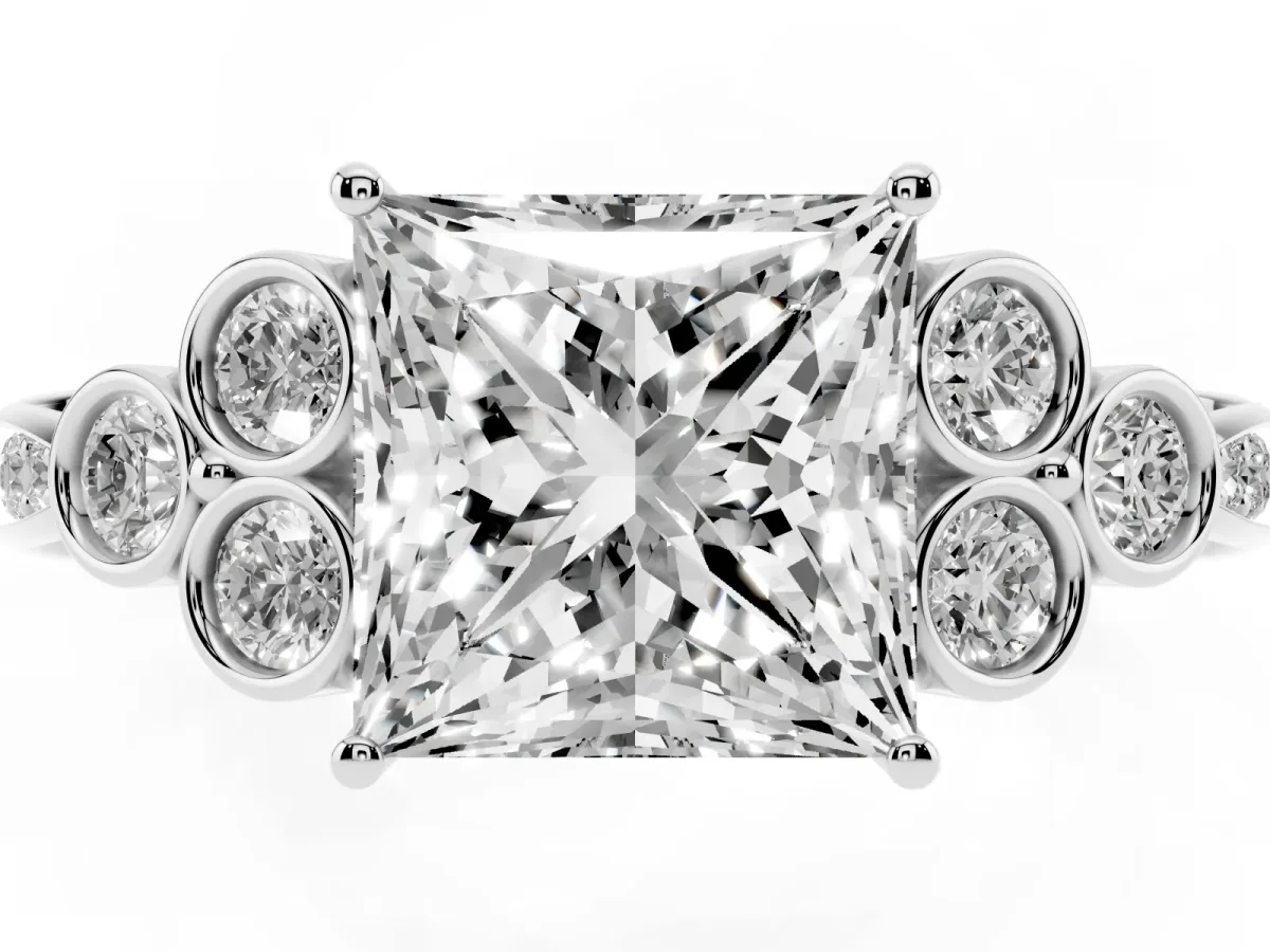 Princess Cut Cut Diamond Engagement Ring with Bezel Set Round Side Stones and Prong Setting Platinum