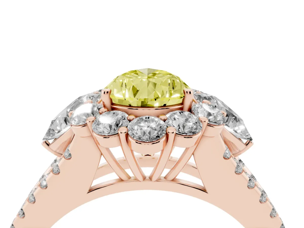 Fancy Yellow Pear Cut Halo Split Shank Diamond Engagement Ring with Prong Setting Rose gold