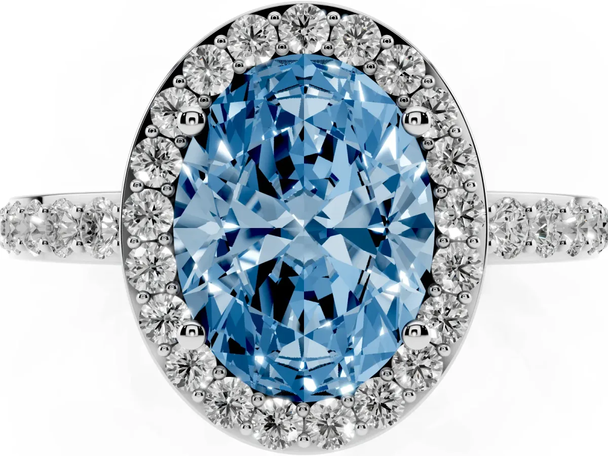 Fancy Blue Oval Cut Halo Diamond Pavé Band Ring with Prong Setting Silver