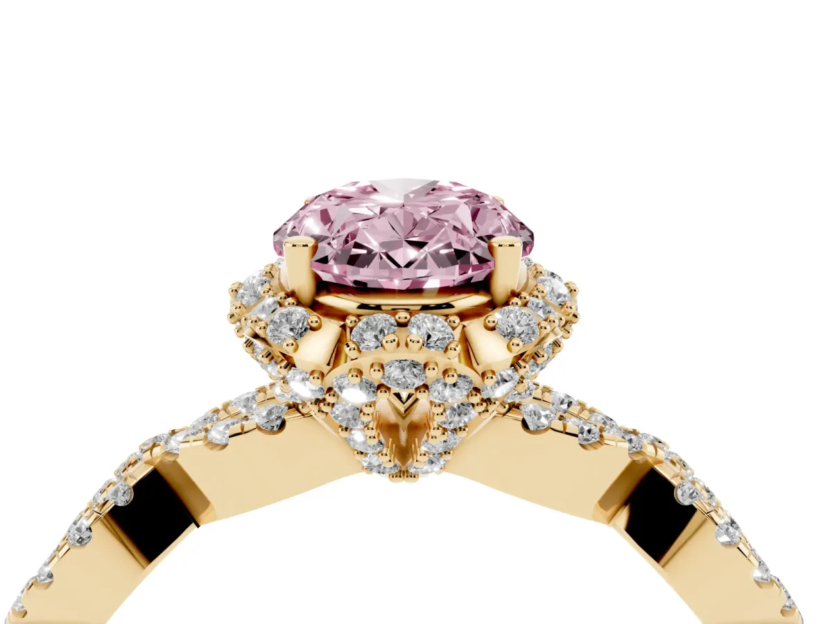 Fancy Pink Oval Cut Halo Twist Band Solitaire Ring with Six-Prong Setting Yellow gold