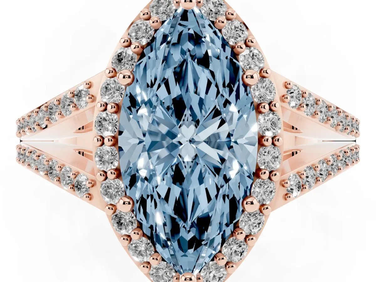 Fancy Blue Marquise Cut Halo Split Shank Pave Diamond Ring with Four-Prong Setting Rose gold