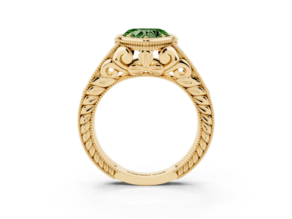 Fancy Green Bezel Set Heart Cut Diamond Milgrain Pave Engagement Ring Yellow gold
