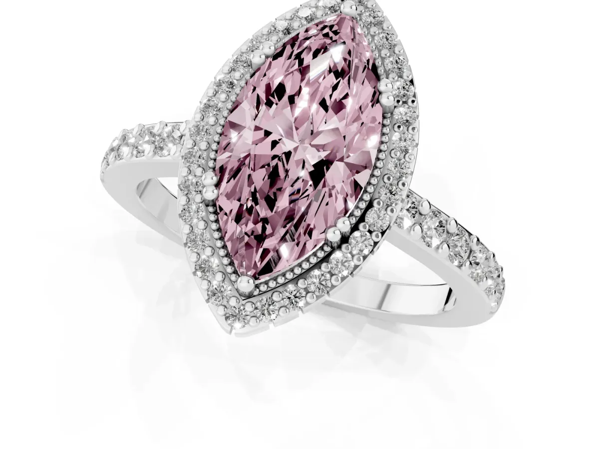 Fancy Pink Marquise Cut Cut Diamond Halo Engagement Ring with Milgrain Detail and Pavé Band Platinum