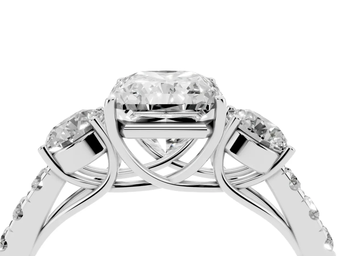 Radiant Cut Cut Diamond Three-Stone Ring with Round Side Stones and Pavé Band Silver