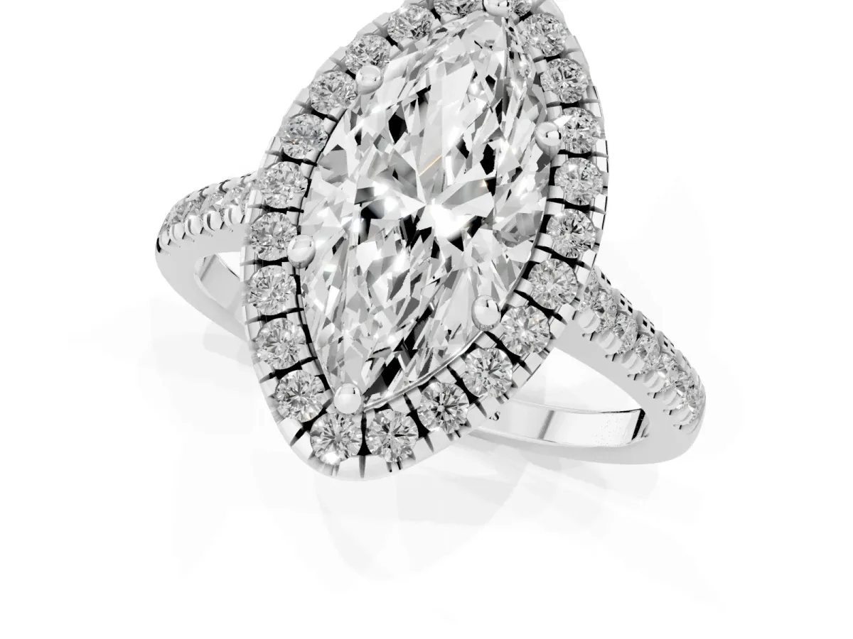 Marquise Cut Diamond Cushion Halo Ring with Pavé Band Silver